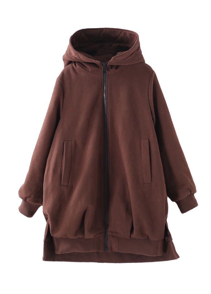 Chocolate Zippered Low High Design Hooded Coats Long Sleeve