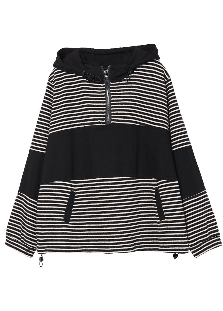 Black Patchwork Striped Hooded Pockets Fall Pullover