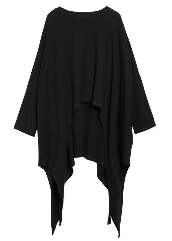 Fitted Black O-neck Asymmetrical Design Loose Fall Long Sleeve Top