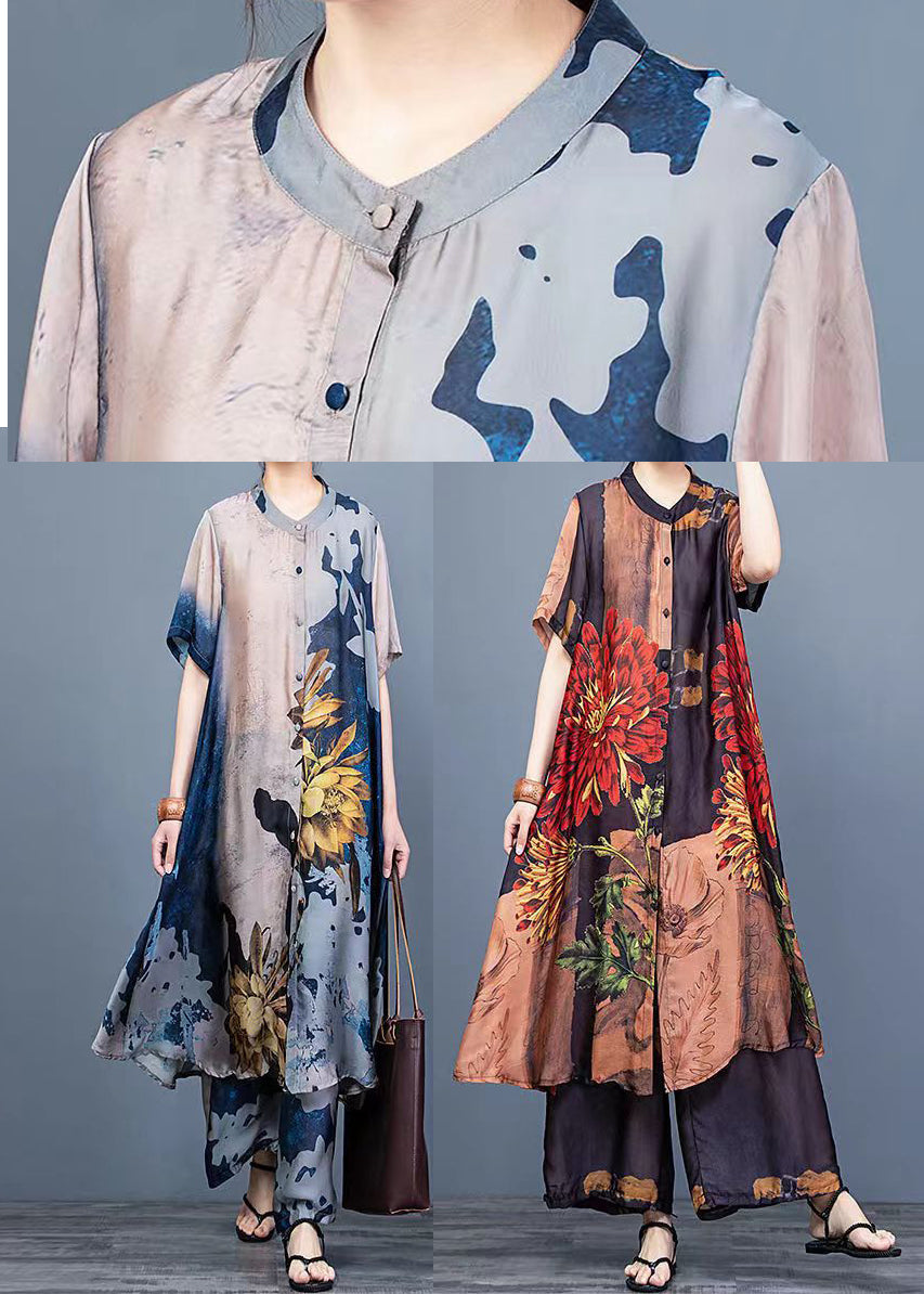 Chocolate Print Silk Shirt Dress and Wide Leg Pants Two Pieces Set Thin Half Sleeve