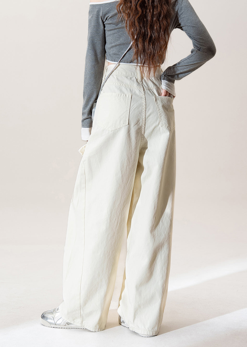 Apricot Pockets Wrinkled Denim Pants Fall