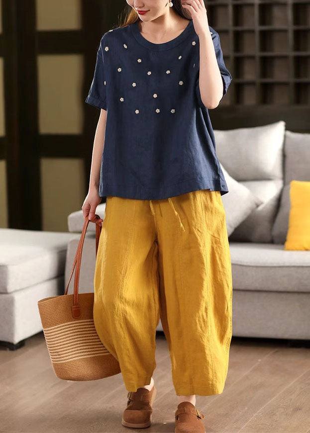 White O-neck Embroideried Linen Tops Summer