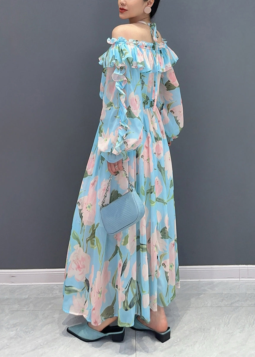 Blue Cold Shoulder Ruffled Patchwork Chiffon Dresses Long Sleeve