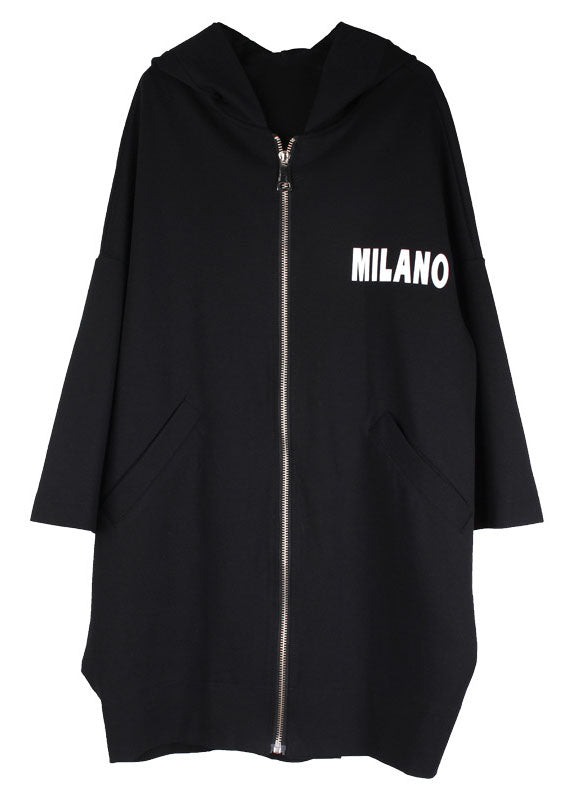 Organic Black Letter Zippered Hooded Pockets Fall Long Coat