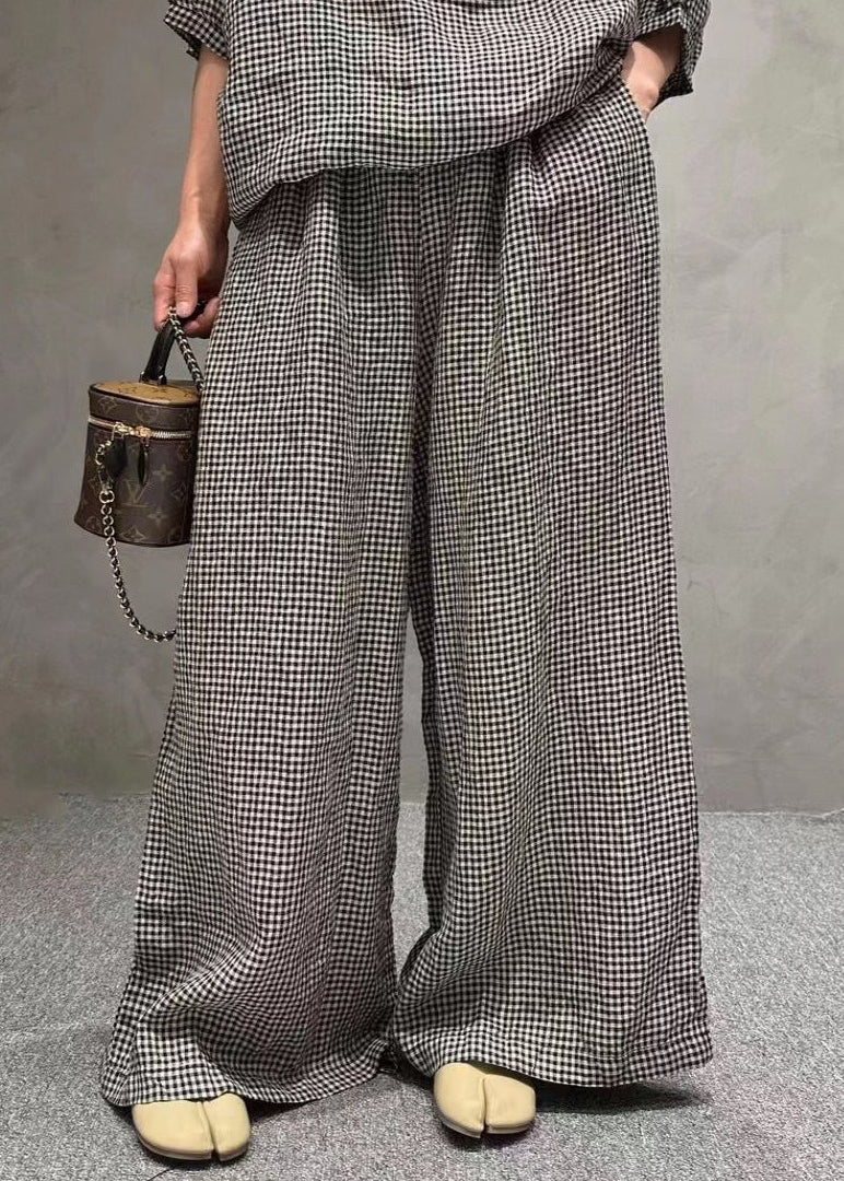 French Small Plaid O-neck Pockets Cotton Two Pieces Set Half Sleeve