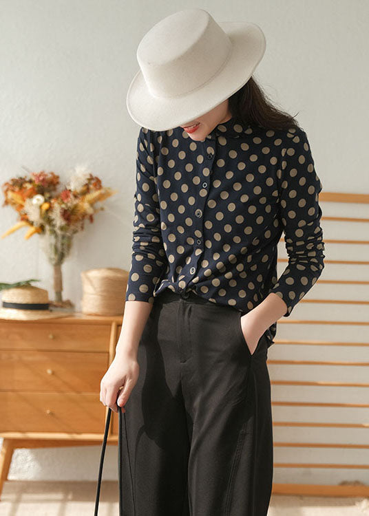Navy Peter Pan Collar Dot Print Cotton Shirt Tops Fall