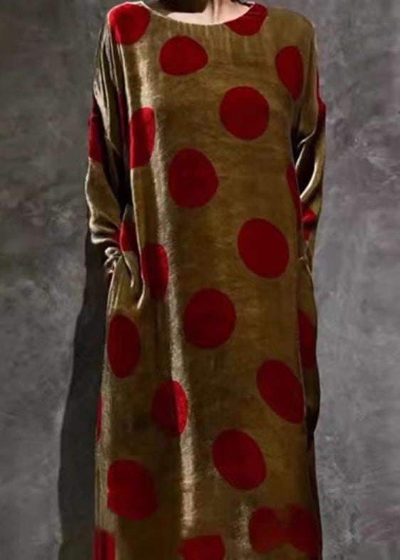 Brown O Neck Print Pockets Silk Velour Dress Long Sleeve
