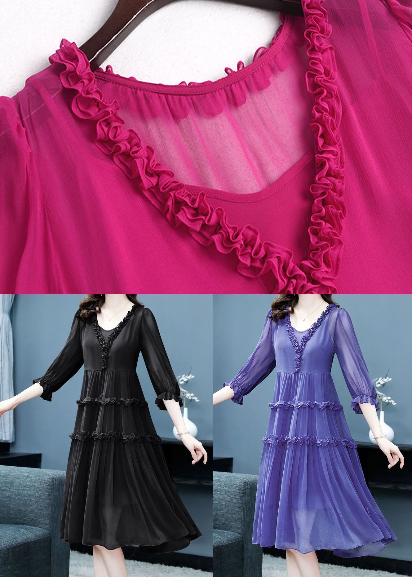 Black Ruffled Patchwork Silk Two Piece Set Dresses Summer