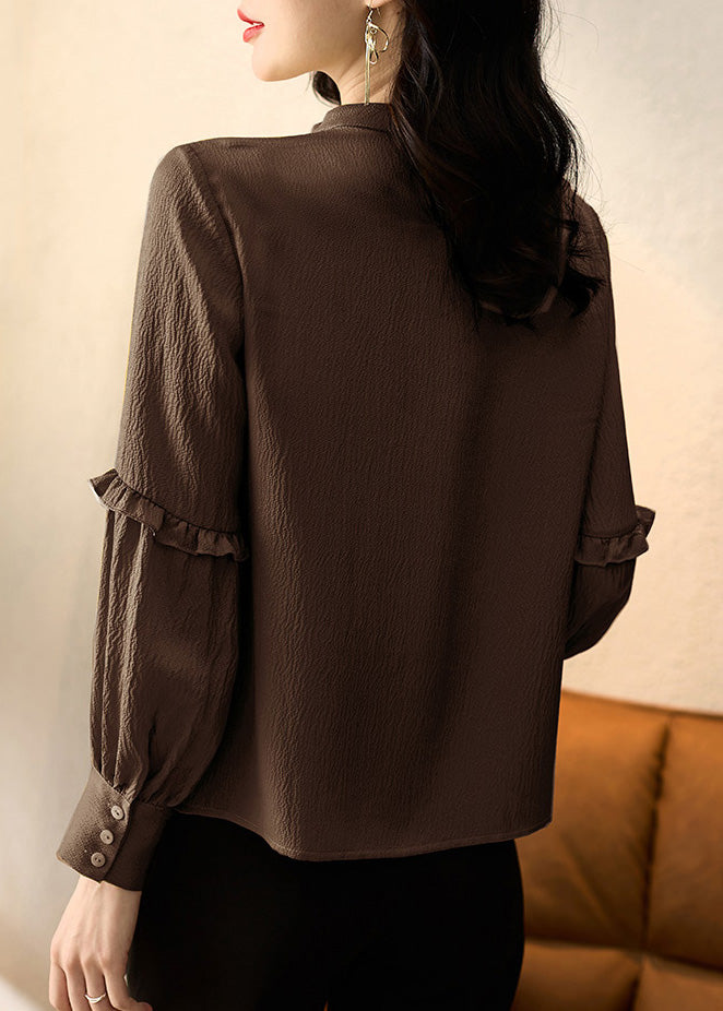 Chocolate Ruffled Patchwork Silk Shirt Tops Spring