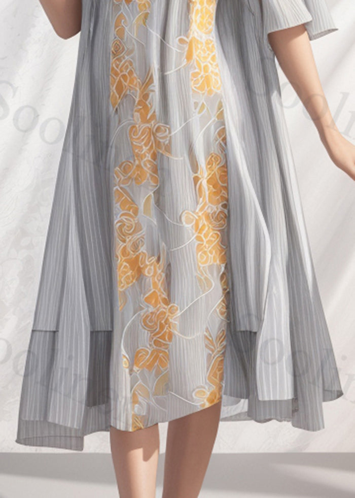 Loose Grey Oversized Print Silk Long Dresses Flare Sleeve