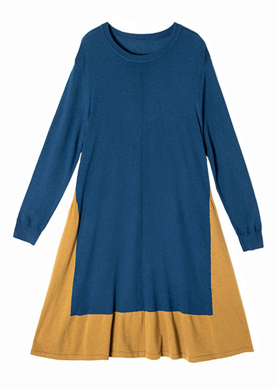 Colorblock O Neck Patchwor Kwrinkled Knit Dress Spring