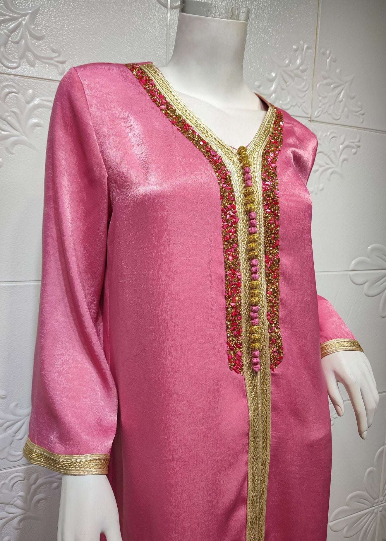 Rose V Neck Lace Patchwork Zircon Velour Maxi Dress Long Sleeve