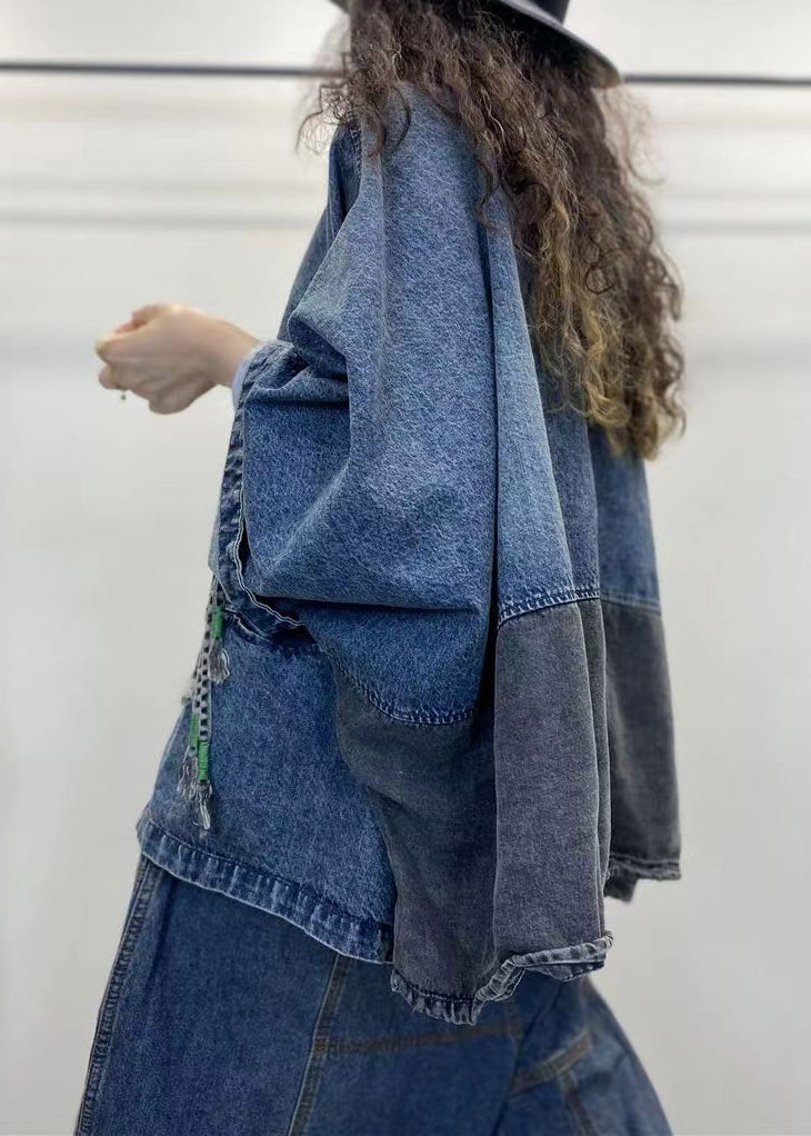 Loose Blue V Neck Button Patchwork Denim Coats Long Sleeve Spring