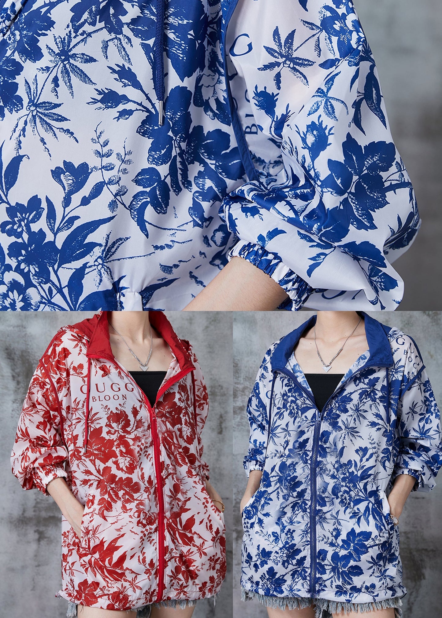 Blue Hooded Print Spandex Coat Outwear Fall