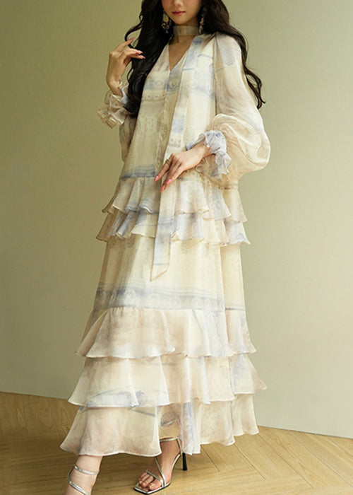 V Neck Print Tie Waist Cotton Party Dress Butterfly Sleeve