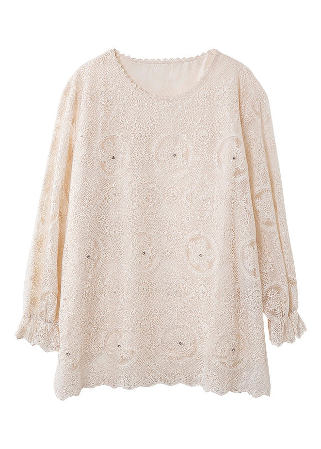 Apricot Embroidered Hollow Out Chiffon Top Flare Sleeve
