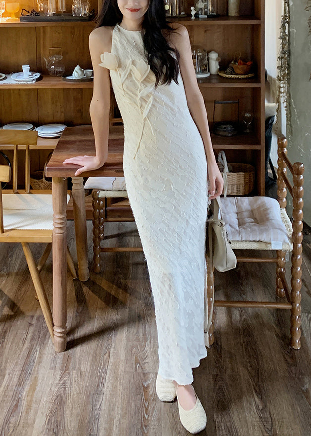Beige O-neck Side Open Silk Long Dresses Sleeveless Summer
