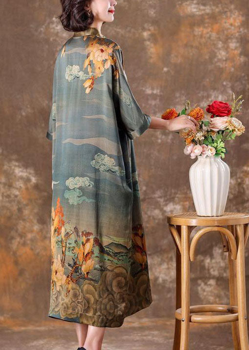 Grey Mandarin Collar Print Silk Long Dress Caftan Half Sleeve