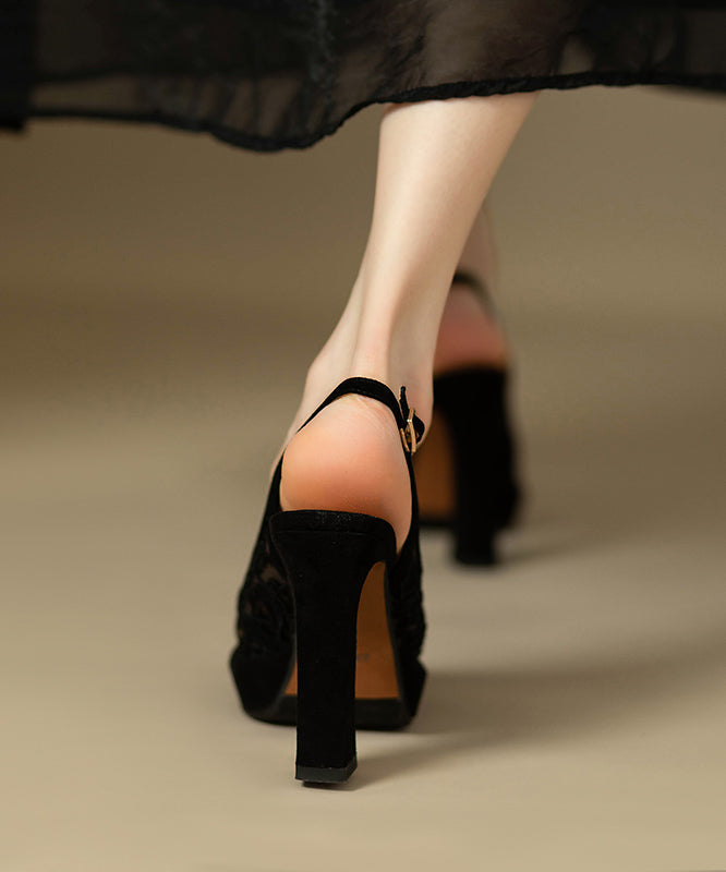 Suede Lace Embroidered Black High Heels Sandals