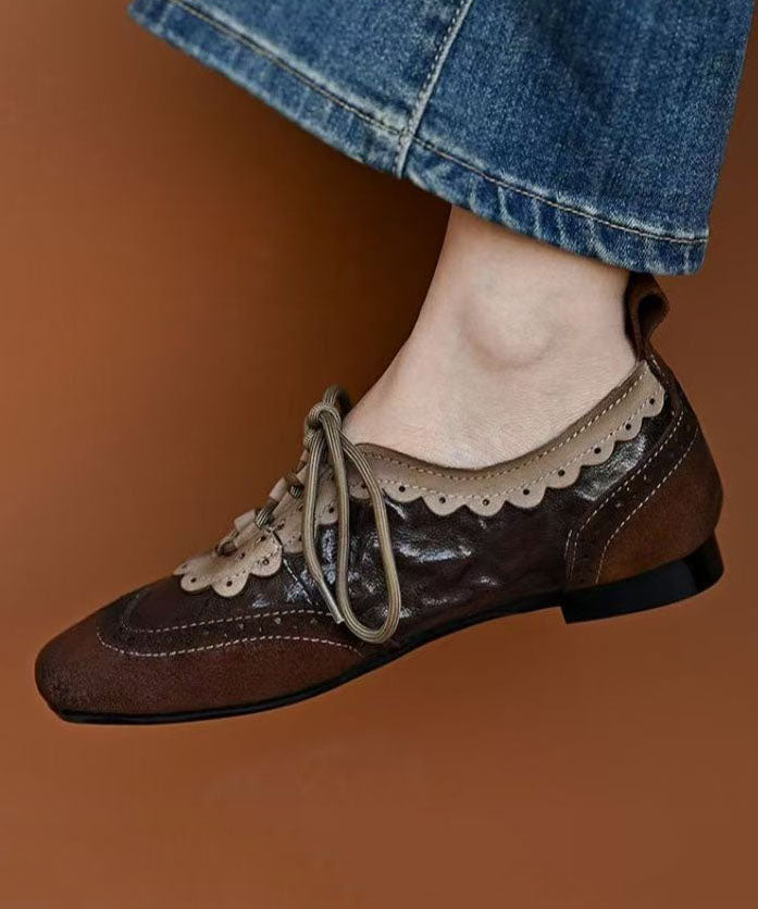 Coffee Sheepskin Splicing Lace Up Loafers for