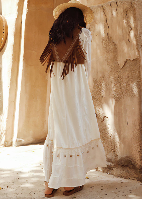 White Tasseled Hollow Out Cotton Holiday Dress Spring