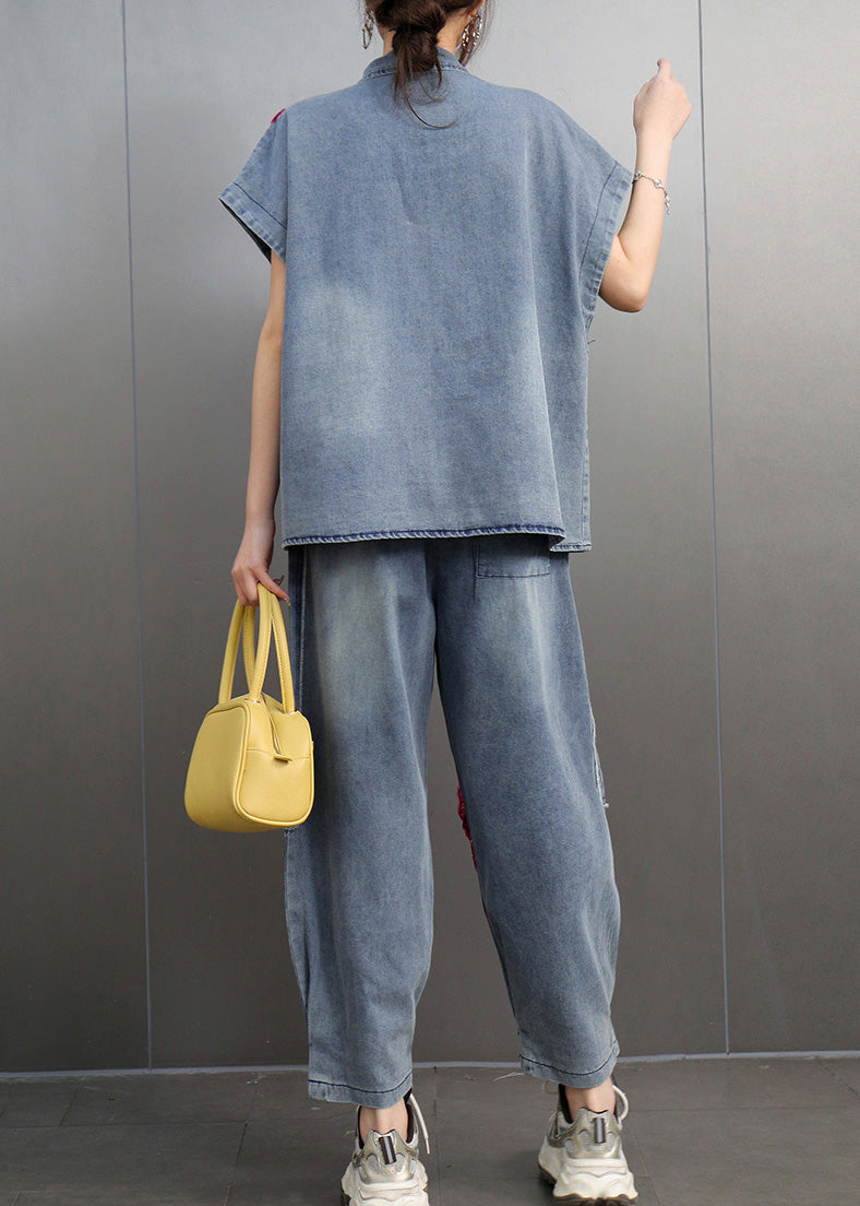 Unique Peter Pan Collar Denim Shirts and Crop Pants Two-piece Set Short Sleeve