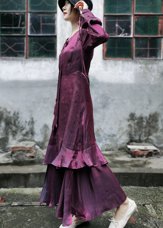 Maroon Asymmetrical Design Patchwork Ruffles Chiffon Dress Long Sleeve