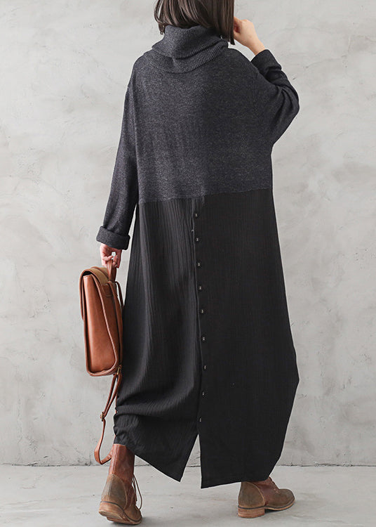 Dark Gray Turtleneck Button Linen Patchwork Knit Long Dress Fall