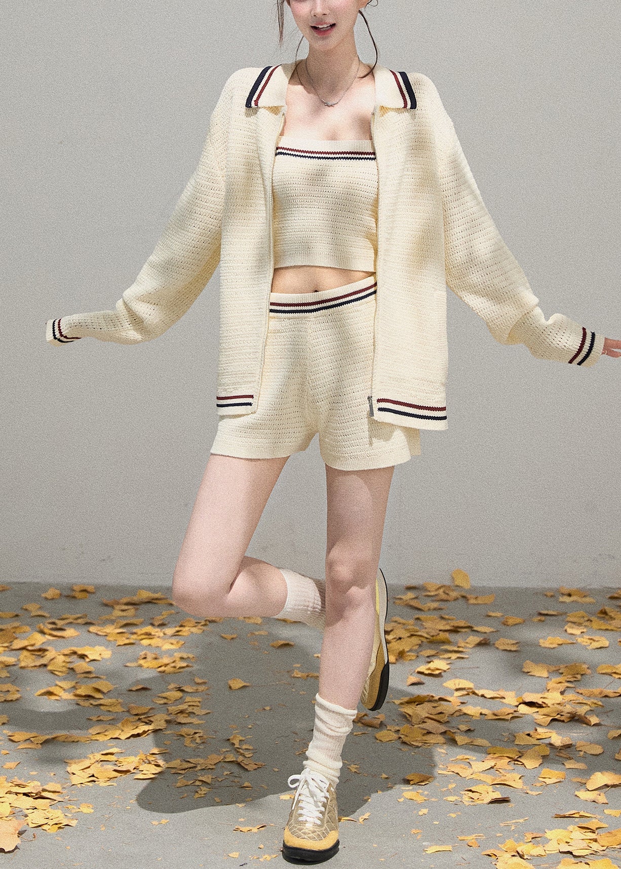 White Zip Up Striped Knit 3 Piece Outfit Fall