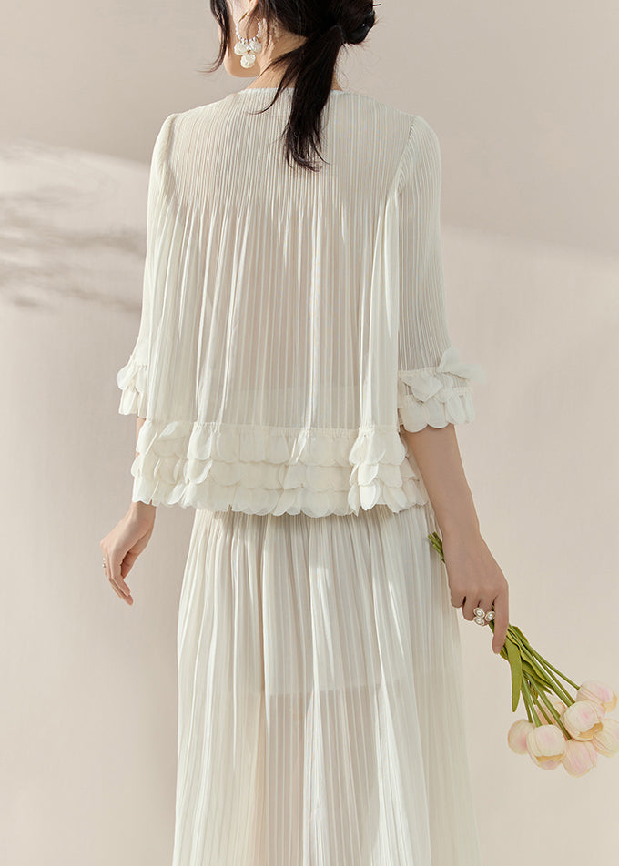 French White Nail Bead Silk Cotton Top and Maxi Skirts Two Piece Set Half Sleeve