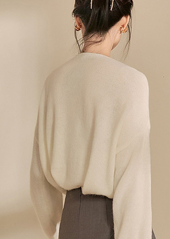 Diy Beige V Neck Lace Patchwork Cozy Cotton Knit Sweaters Winter