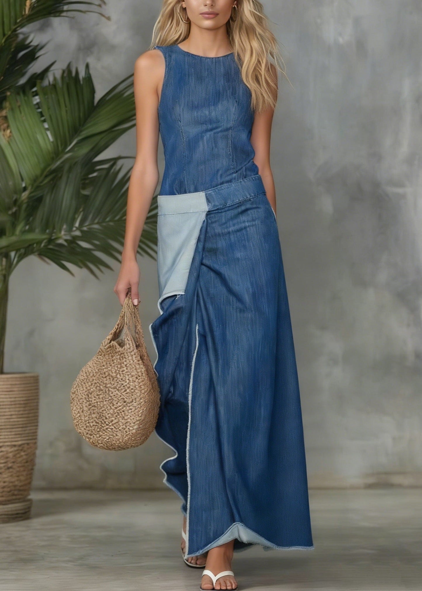 Plain Spliced Sleeveless Maxi Denim Dress