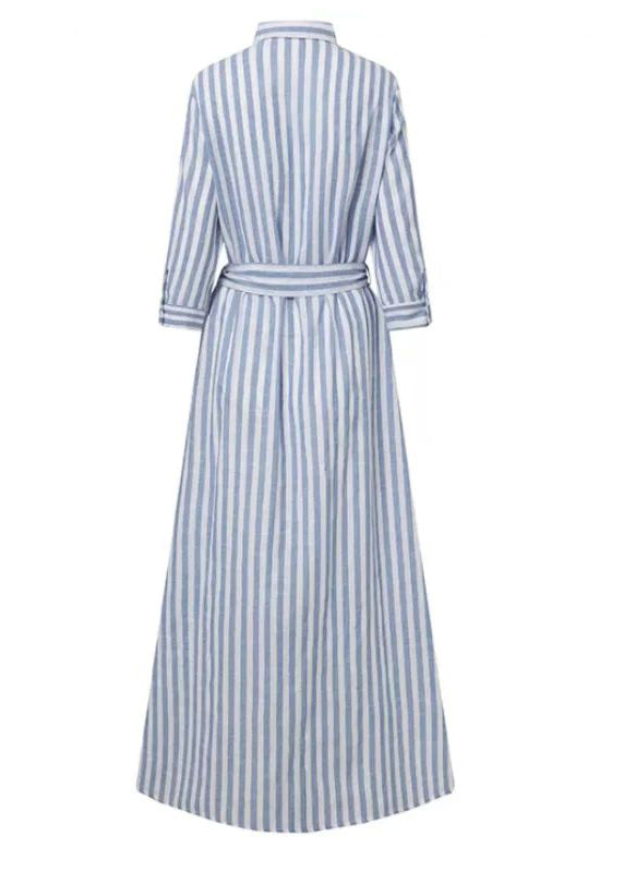 Blue Striped Tie Waist Cotton Shirt Dress Summer