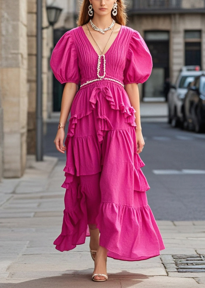 Rose Puff Sleeve Wrinkled Cotton Long Dresses