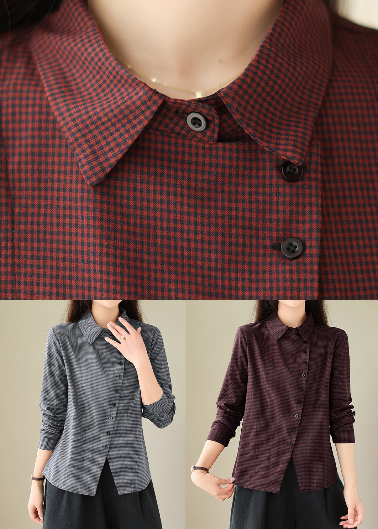 Grey Peter Pan Collar Plaid Cotton Shirts Top Spring