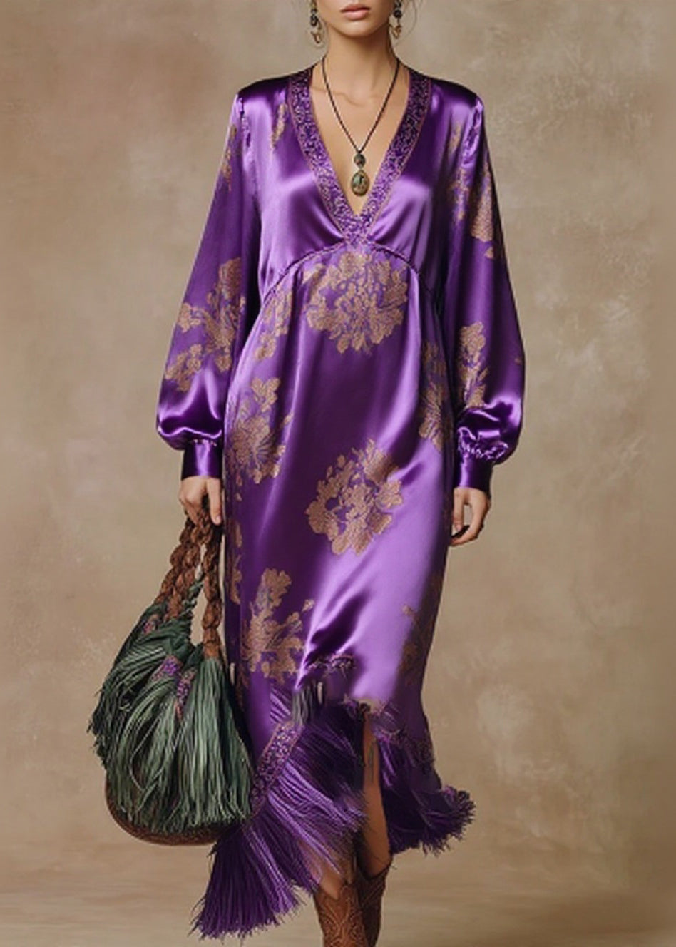 Purple Tasseled Print High Waist Silk Dresses Spring