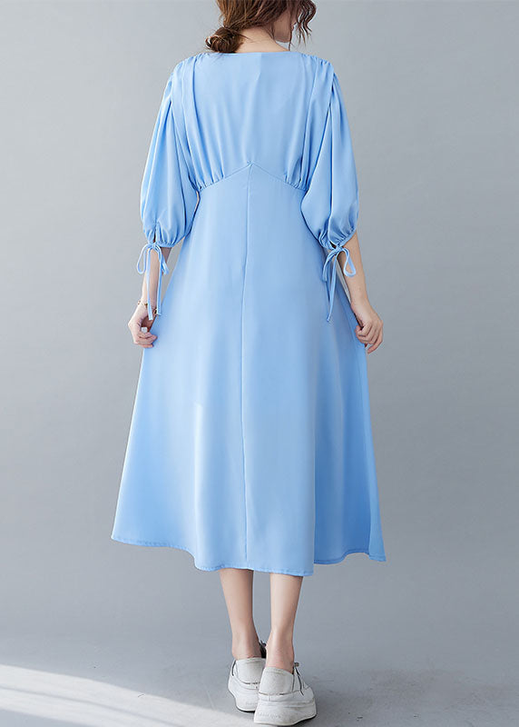 Blue V Neck Wrinkled Chiffon Long Dresses Bracelet Sleeve