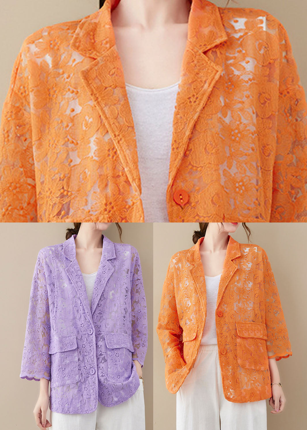 Italian Orange Button Peter Pan Collar Lace Coats Long Sleeve