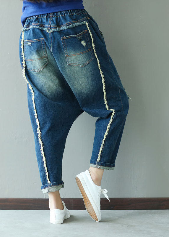 Boutique Dark Blue Embroideried Pockets Elastic Waist Ripped Jeans Spring