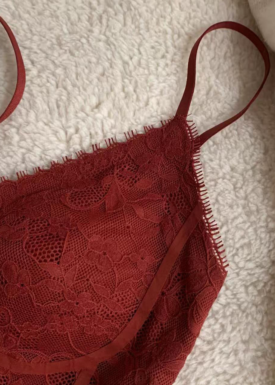 Slim Fit Red V Neck Lace Spaghetti Strap Tank Sleeveless
