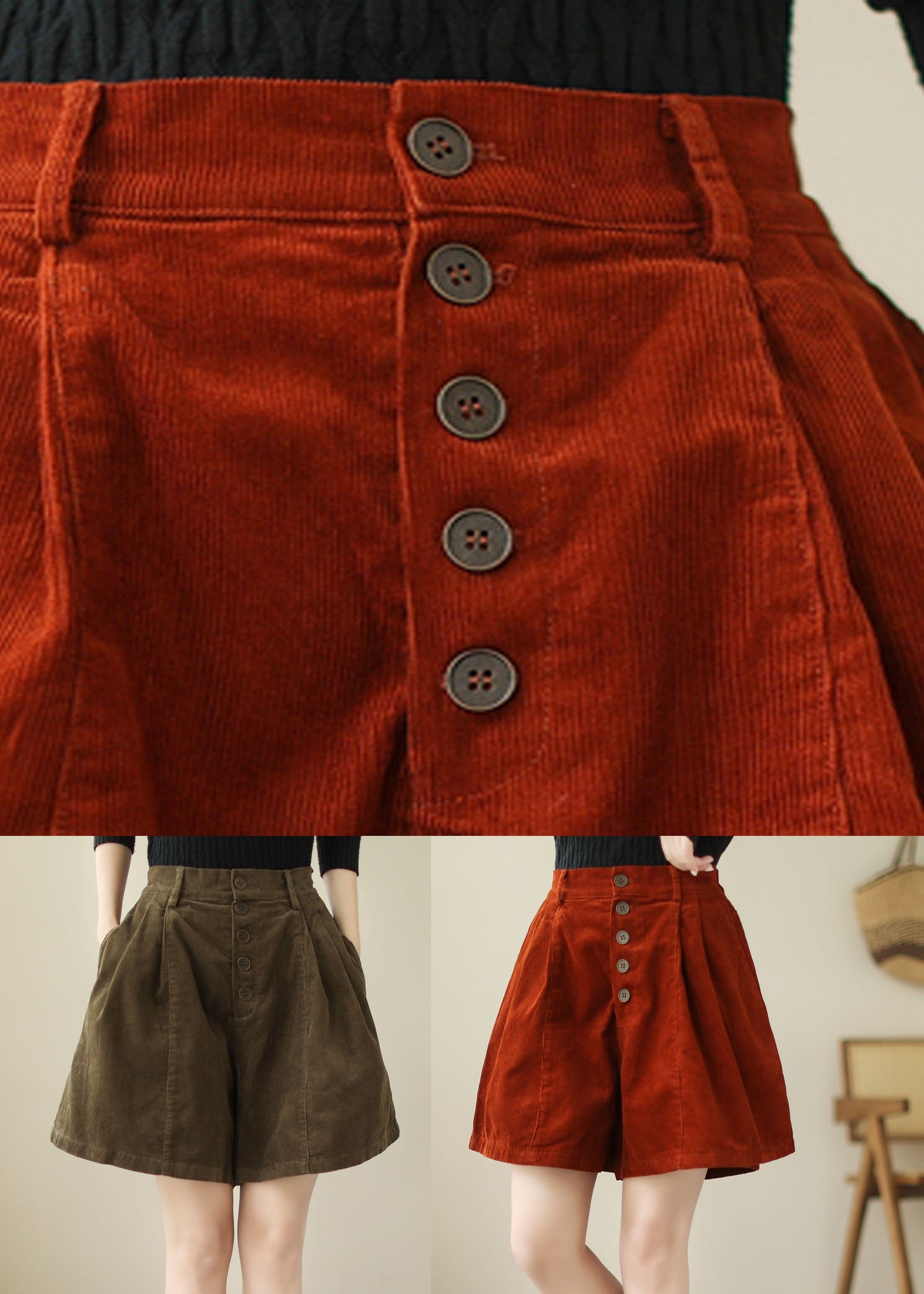 Organic Red Pockets Patchwork Corduroy a Line Shorts Summer