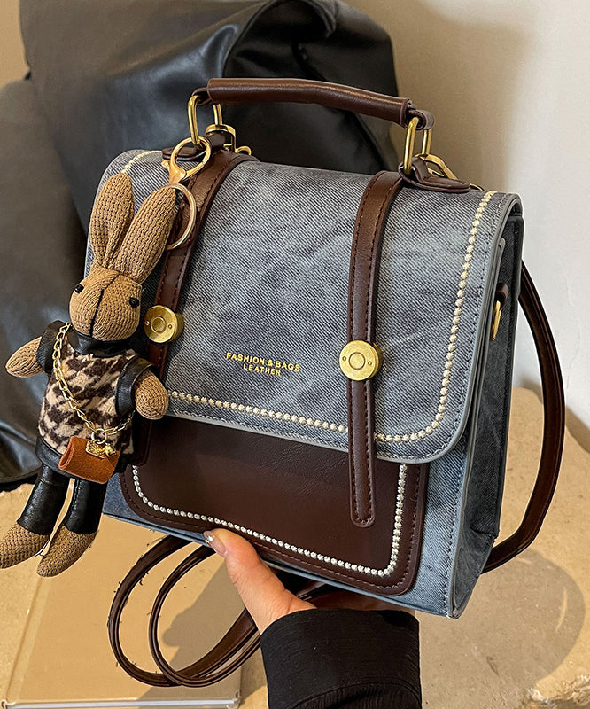Denim Blue Patchwork Zircon Messenger Bag