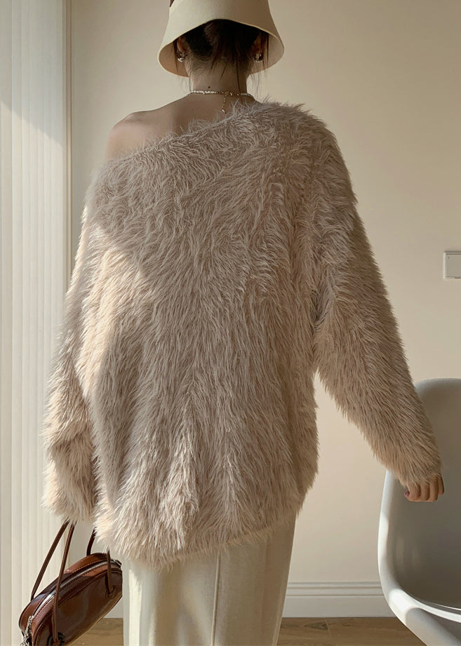 Khaki Cozy Loose Mink Velvet Winter Sweaters O-neck