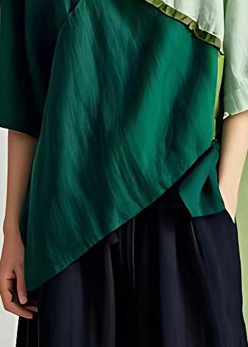 Green V Neck Asymmetrical Cotton T Shirt Half Sleeve