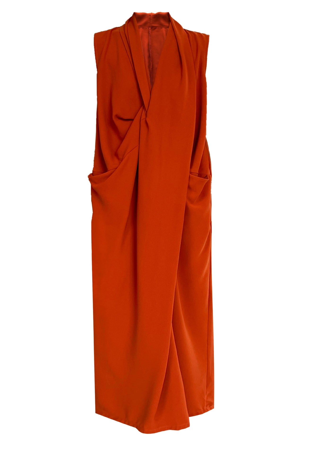 Italian Orange V Neck Pockets Cotton Long Dress Sleeveless