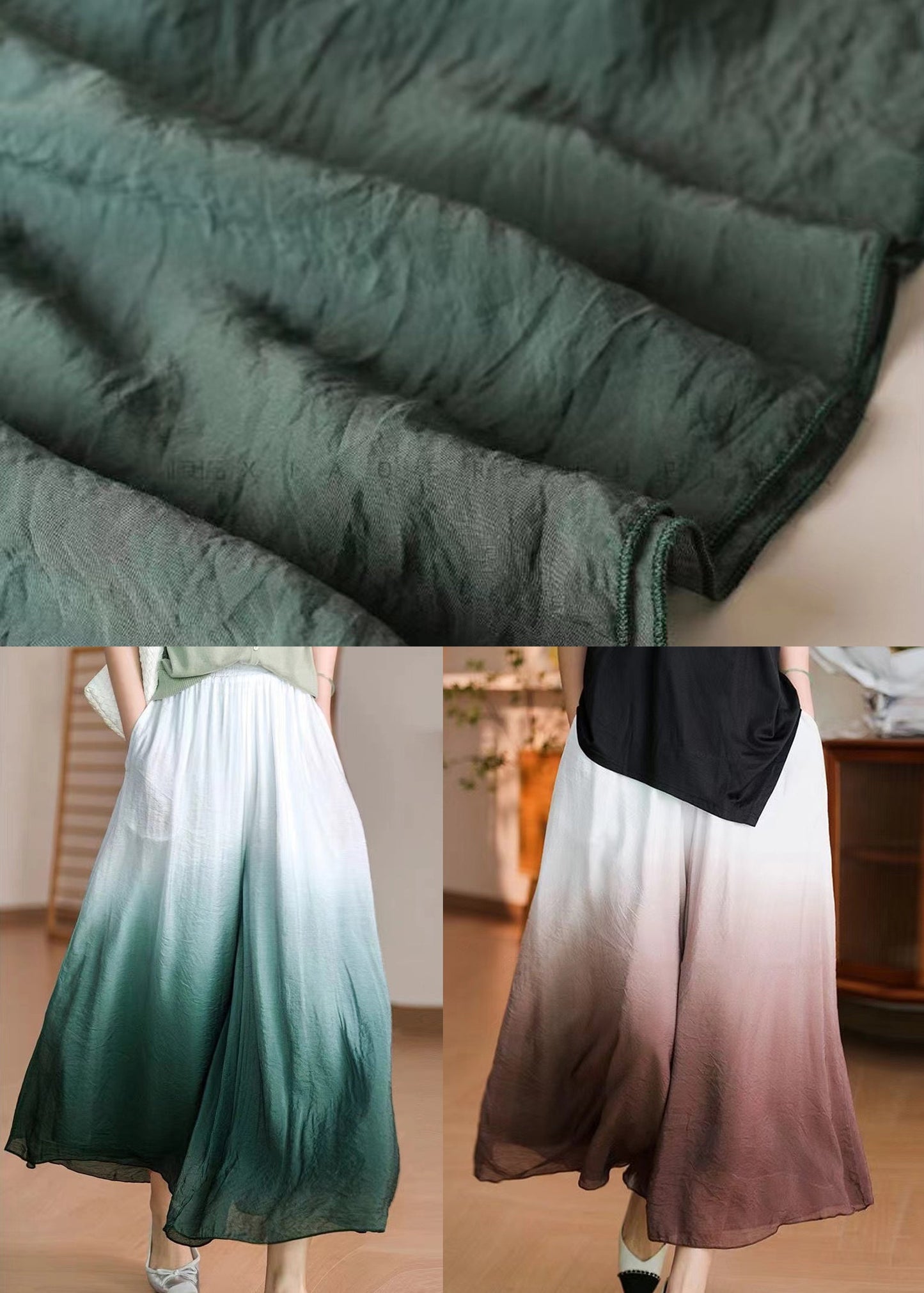 Gradient Green Elastic Waist Cotton Pants Skirt Spring