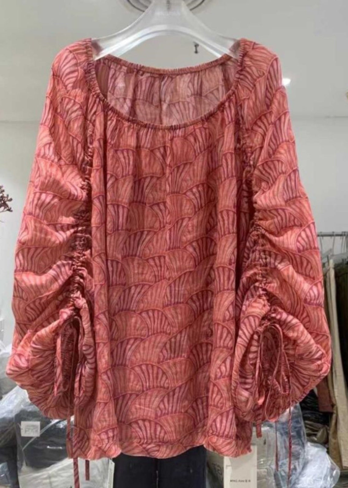 Rose O Neck Print Cinched Cotton Blouses Lantern Sleeve