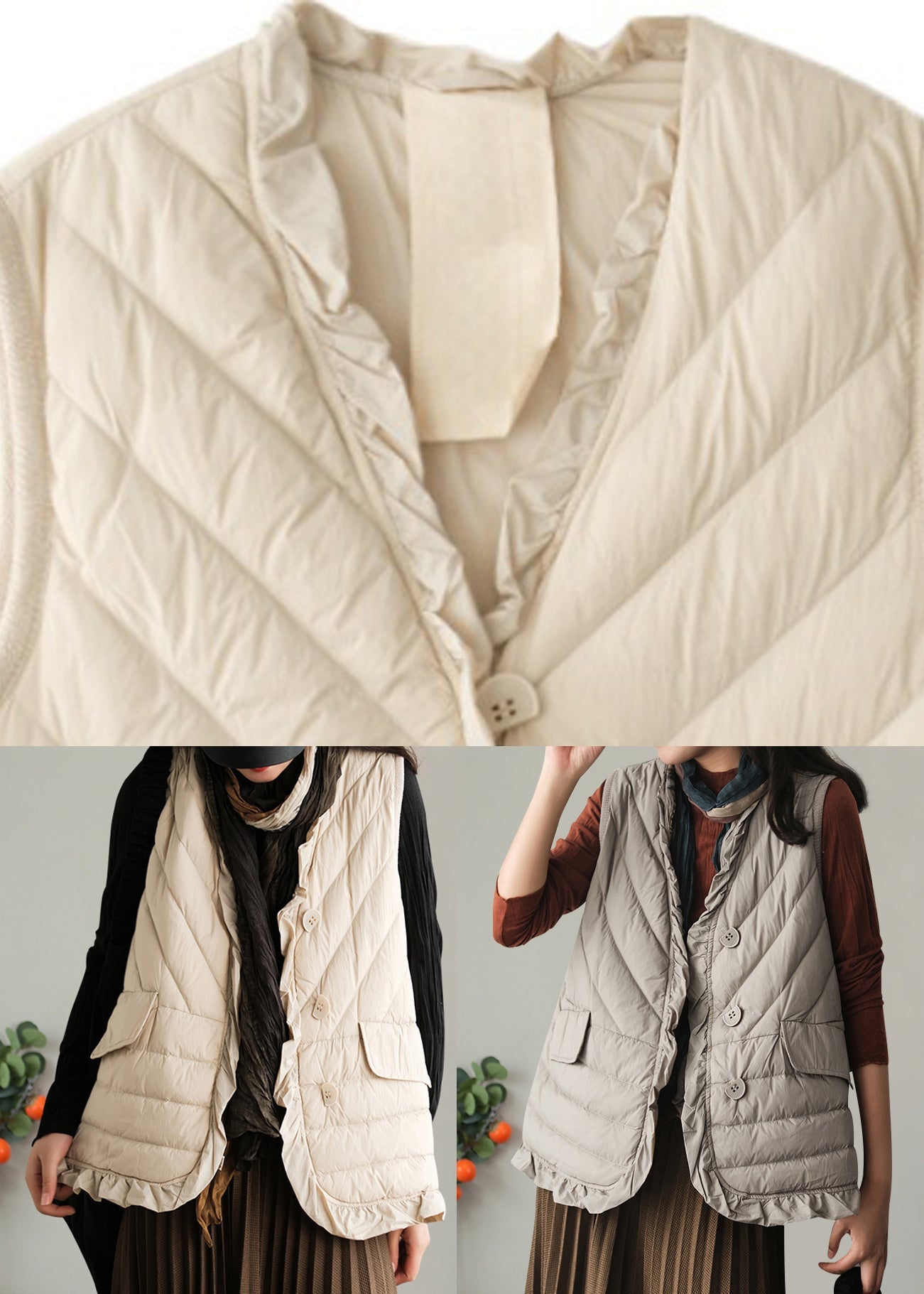 Grey V Neck Pockets Duck Down Waistcoat Winter
