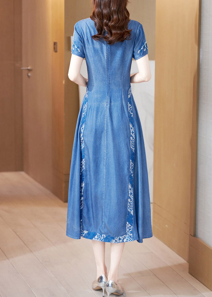 Blue Stand Collar Embroideried Butto Silk Denim Maxi Dresses Short Sleeve