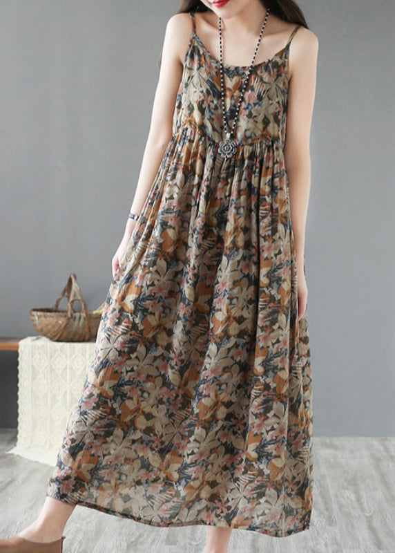 Khaki Print Wrinkled Linen Spaghetti Strap Dress Sleeveless